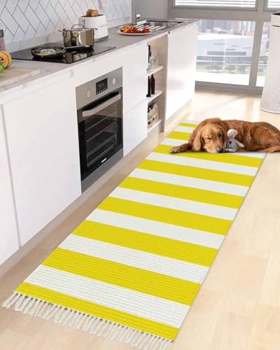 Yellow Stripes Kitchen Runner Rug 2'x4', Washable Woven Cotton Area Rug with Tassels Bathroom Hallway Rug, Farmhouse White Simple Vertical Striped Entryway Bedroom Rug Non Slip Throw Rug Carpet - color: Yellow, size: 2 x 4 ft