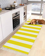 Yellow Stripes Kitchen Runner Rug 2'x4', Washable Woven Cotton Area Rug with Tassels Bathroom Hallway Rug, Farmhouse White Simple Vertical Striped Entryway Bedroom Rug Non Slip Throw Rug Carpet - color: Yellow, size: 2 x 4 ft