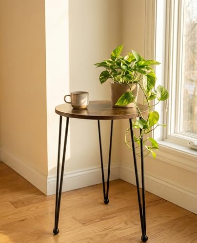 17 Inch Tall Metal Plant Stand Indoor,Heavy Duty Flower Pot Holder with 11.5 Inch Modern Round Board Table,Sturdy Metal Tripod Design Side Table,Matte Black