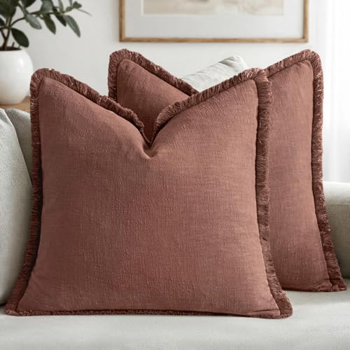 MIULEE Decorative Throw Pillow Covers Neutral Linen Fringe Throw Pillows Set of 2 Autumn Glaze Boho Farmhouse Cushion Covers with Tassels for Couch Sofa Bed Living Room Spring Decor 18x18 Inch - color: Autumn Glaze, size: 18" x 18" (Pack of 2)