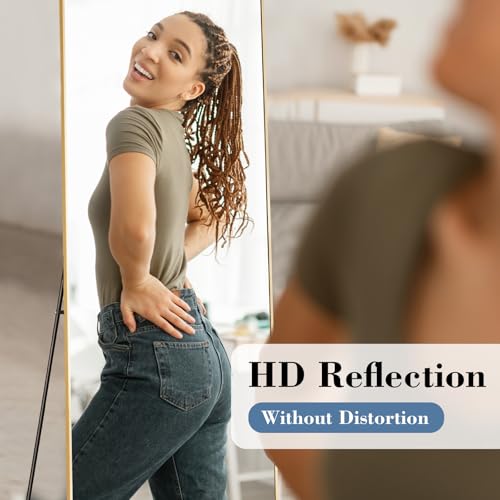 DUMOS 19"x58" Full Length Mirror with Stand, Floor Standing Aluminum Frame, Shatter-Proof Nano Glass for Bedroom, Living Room, Cloakroom – Modern Simple Home Decor,Can Be Hanging or Leaning, Gold - color: Gold-rect Edge, size: 58"L x 19"W