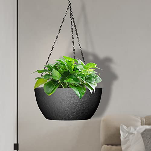 WSMKSZ 13 inch Large Hanging Planters Plant Pots for Outdoor Indoor Plants with Drainage Holes and Chain, 2 Pack Round Hanging Flower Pots for Garden Home Porch Decor, Black - color: Black, size: 13inch 2pcs