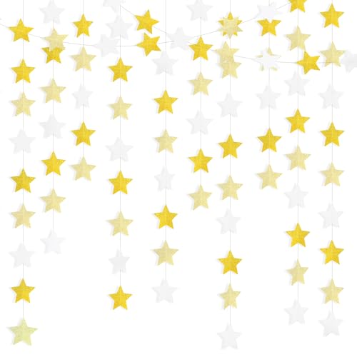 Glitter Gold, Light Gold & White Iridescent Star Garland 90FT, 240pcs Hanging Glitter Star Banner Backdrop for Birthday, Baby Shower, Wedding & Christmas Party Decorations (6 Packs) - color: Glitter Gold & Glitter Light Gold & White