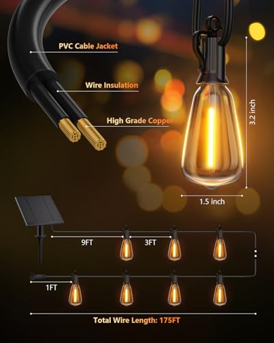 Brightown 175FT Solar String Lights Outdoor Waterproof with Remote, 56+2 LED Shatterproof Bulbs, Dimmable & Timable, 3 Light Modes - Commercial Grade Patio Lights for Garden Backyard Party Decor - size: 175FT(56 Sockets)