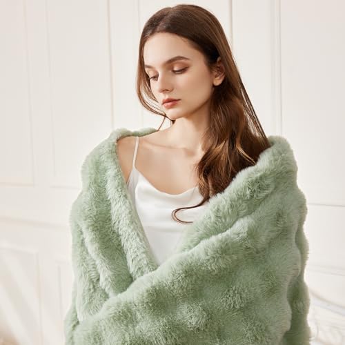 Faux Rabbit Fur Throw Blanket for Couch, Fluffy Warm Plush Thick Bubble Blanket for Bed Sofa Living Room, Soft Cozy Furry Blanket, 50x60 inches, Sage Green - color: Sage Green, size: Throw50"x60"