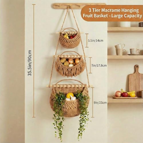 3 Tier Hanging Fruit Basket, Jute Wall Baskets Removable, Portable Produce Baskets for Organizing Fruits and Vegetables,Hanging Basket Wall Storage for Kitchen, Bathroom (Brown) - color: Brown, size: 3 Tier / Tote