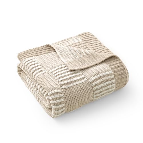 Amélie Home Knit Throw Blanket, Soft Chenille Cozy Breathable Dual Tone Checkered Chunky Decorative Blanket for Couch, Bed & Sofa, French-Inspired Lightweight Warm Gift for Women, Beige, 50"x60" - color: Checkered Beige&ivory, size: Dual Tone Checkered Kn