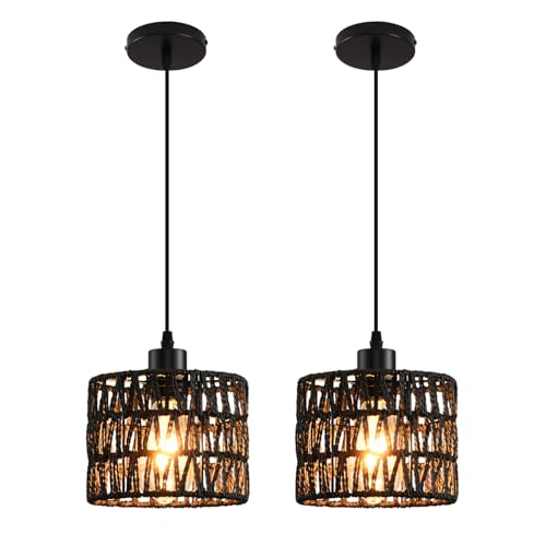 Woven Pendant Light Boho Chandelier, Rattan Pendant Lights Kitchen Island, Farmhouse Pendant Lighting with Hand Woven Wicker Shade, Boho Chandelier Light Fixtures Ceiling Hanging Light - color: 2 Pack Black