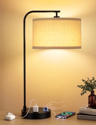 Innqoo Tall Table Lamp with USB Port and Outlet, Dimmable Nightstand Bedside Lamps with Linen Lampshade, Desk Lamp for Bedroom, Living Room, Guest Room, Home Office, LED Bulb Included - color: A-Beige Shade & Black Base