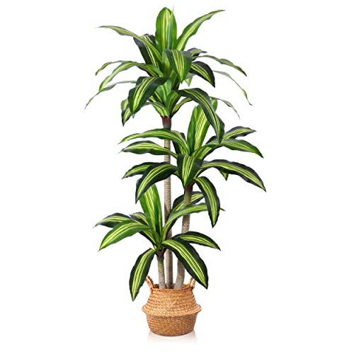 Ferrgoal Artificial Plants, 5 Ft Dracaena Tree Faux Plants Indoor Outdoor Decor Fake Tree with Woven Seagrass Basket Plants for Home Decor Office Living Room Porch Patio Housewarming - size: 5ft