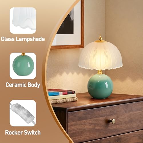 PARTPHONER Mushroom Table Lamp, Ceramic Bedside Lamp with Glass Shade, 3-Way Lighting (2700K-5000K) Rocker Switch, Small Nightstand Lamp for Bedroom, Living Room, Office, Green - color: Green