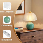 PARTPHONER Mushroom Table Lamp, Ceramic Bedside Lamp with Glass Shade, 3-Way Lighting (2700K-5000K) Rocker Switch, Small Nightstand Lamp for Bedroom, Living Room, Office, Green - color: Green