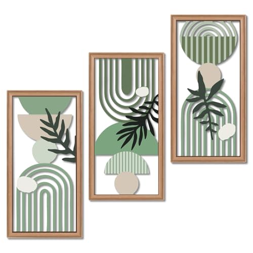 Putuo Decor Boho Wall Art Set of 3, Green Botanical Wooden Wall Decor, Abstract Aesthetic Room Decorations, Mid-Century Modern Artwork for Living Room, Bedroom, Office Green 16.5 x 8.6 inch - color: Green