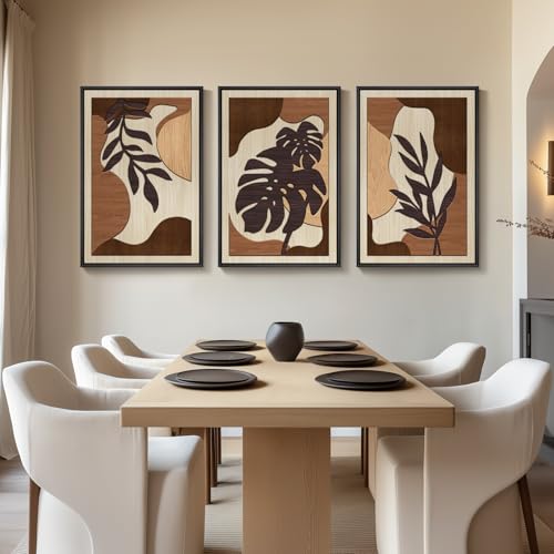 Framed 3D Wood Wall Art Decor for Living Room, 3 Piece Large Boho Tropical Textured Artwork for Walls, Botanical Wooden Wall Art for Dining Room Hallway Bedroom, 24x36 Inch - color: Brown, size: 24" W x 36" H x 3Pcs