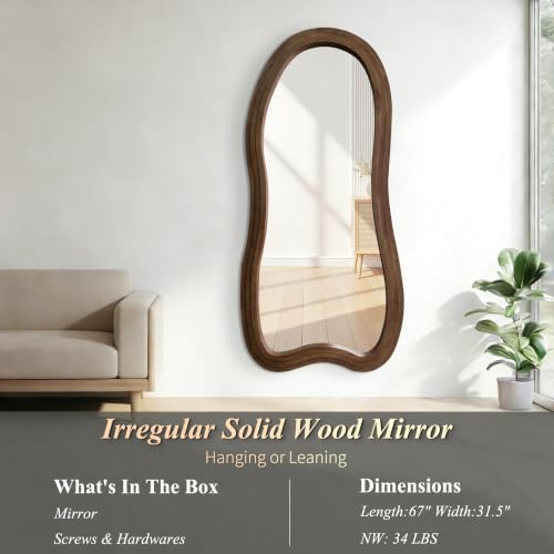 Large Irregular Floor Mirror, 67"x31.5" Asymmetrical Full Length Mirror with Triple Layer Solid Wood Frame, Organic Shape Mirrors for Entryway Hallway Bedroom Living Room, Leaning/Hanging - color: Walnut, size: 67"L x 31.5"W