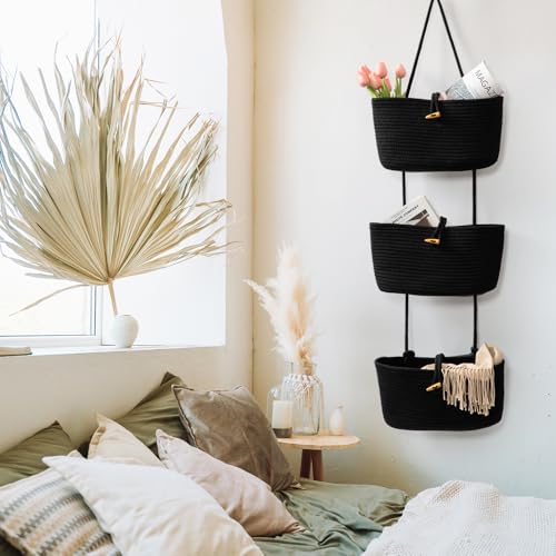 TeoKJ Over the Door Hanging Baskets with Button Strap, 3-Tier Woven Cotton Storage Organizer Bag, Wall-Mounted with Hook Decorative Hanging Nursery Baskets - Black - color: Black, style: 3 tier+Button