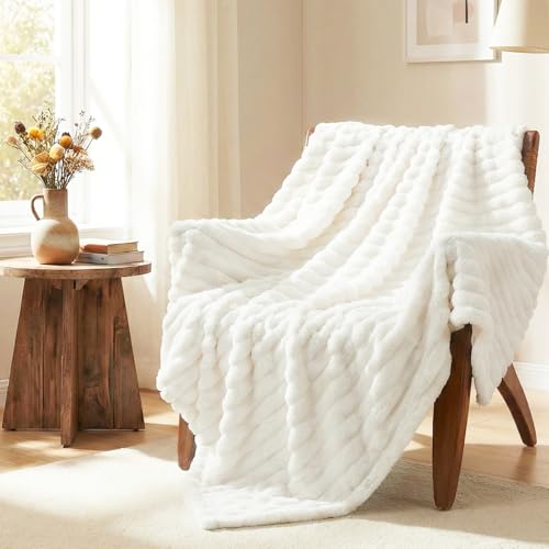HIMEET Fleece Off White Throw Blanket for Bed - 300GSM Ribbed Cozy Blanket for Couch, Graduation Birthday Gifts for Women Men Her, College Dorm Essentials Boho Aesthetic Room Throws, 50x60 Inches - color: Off White, size: Throw (50" x 60")