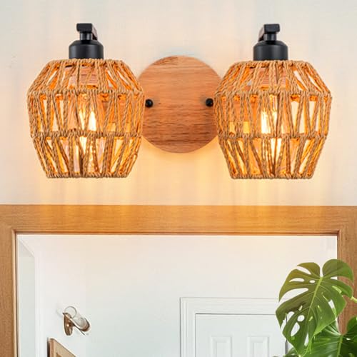 2-light Bathroom Lights Over Mirror,Rattan Vanity Light Fixtures,Farmhouse Boho Wall Sconce with Woven Cage,Rustic Boho Wall Mounted Light Wooden Vanity Lighting for Bedroom Living Room Hallway Foyer - color: 2light-Drum shade