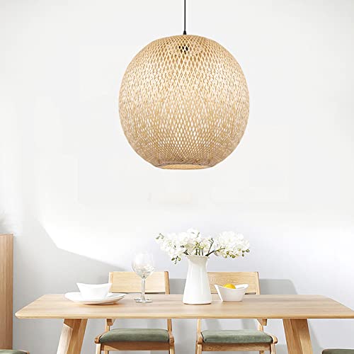 Arturesthome Bamboo Pendant Lighting Fixtures, Round Wicker Chandelier Hand-Woven Boho Basket Lampshade Hanging Ceiling Light for Kitchen Island Living Room - size: 21.6″W x 19.3″H
