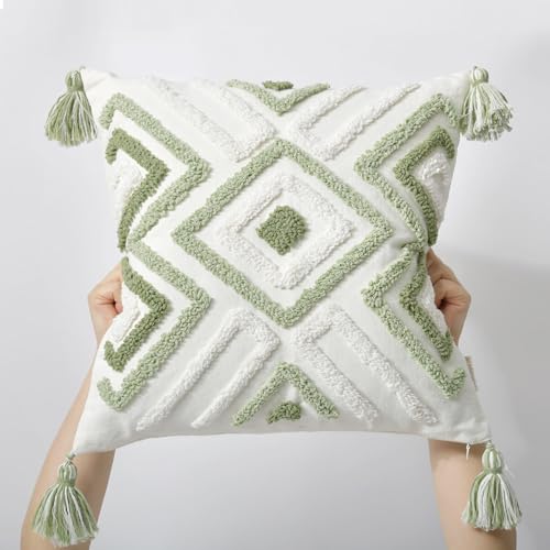 Boho Pillow Covers 18X18 Inch Boho Tufted Throw Pillow Covers Decorative Tassels Cushion Cover Farmhouse Pillow Case for Couch Sofa Bed Living Room Bedroom, Green - color: Boho Multi-green, size: 18" x 18" (Pack of 1)