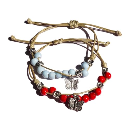 Handmade Green Boho Bracelets for Women, Bohemian Ceramic Beads Bracelets for Friends, Trendy Porcelain Stone Beaded Bracelets for Sisters - color: Blue and Red