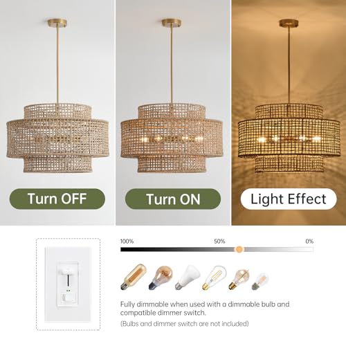 24” Rattan Chandelier for Dining Room, Large Boho 6-Light Rustic Chandeliers Light Fixture with Wicker Shade, Hand Woven Farmhouse Pendant Lighting for Kitchen Bedroom, Living Room, Foyer - color: Linen, size: 24" 6-Light