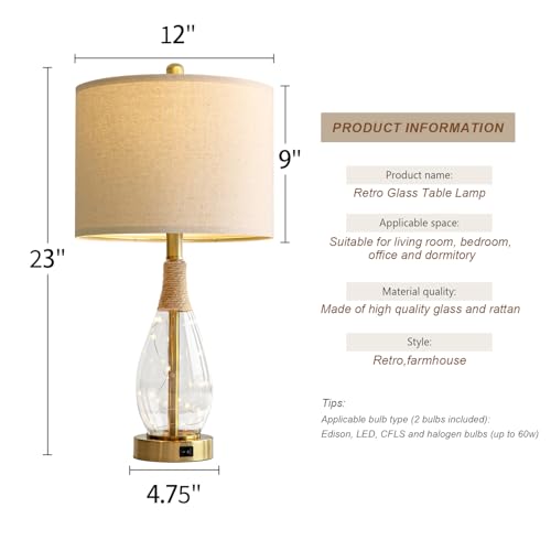 OYEARS 23" Table Lamps for Living Room Set of 2 Bedside Lamps for Night Stands Bedroom Lamps Farmhouse Rattan Boho Lamp Glass Nightlight End Table Lamp with USB C+A (Gold),Two Light Points - color: Light Gold