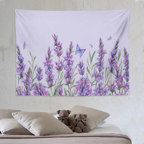 HZOHNAGO Lavender Flower Tapestry Watercolor Purple Floral Butterfly Pattern Printed Wall Tapestry Wall Hanging for Bedroom Living Room Dorm 80" W x 60" H - color: Lavender-10, size: 80"L x 60"W