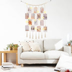 Macrame Hanging Photo Display Boho Wall Decor with String Lights Wooden Beads Garland Picture Frame Collage Holder with 30 Clips for Room, Bedroom, Dorm, Christmas Teenage Teen Girl Gifts (Beige, Medium) - size: Medium