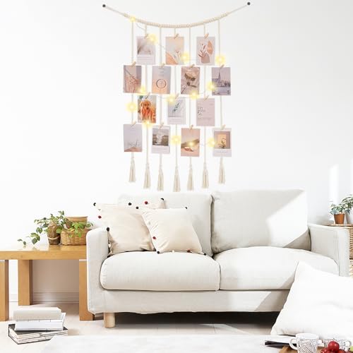 Macrame Hanging Photo Display Boho Wall Decor with String Lights Wooden Beads Garland Picture Frame Collage Holder with 30 Clips for Room, Bedroom, Dorm, Christmas Teenage Teen Girl Gifts (Beige, Medium) - size: Medium