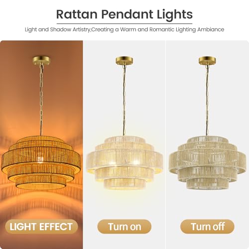 BoostArea 5-Tier Large Rattan Boho Chandelier Light Fixture,20" Hand Woven Pendant Lights Kitchen Island,Large Farmhouse Pendant Light for Kitchen,Dining Room,Hallway, Foyer - color: Gold & Beige