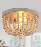 Q&S Boho Chandelier Wood Beaded Flush Mount Ceiling Light Fixtures for Nursery Baby Bedroom Kitchen Hallway,Oak White Finish,2-Lights - color: Ceiling-2OAK