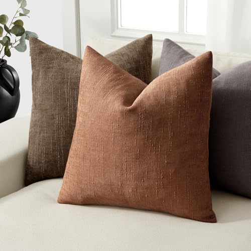 18x18 Inch Set of 2 Textured Throw Pillow Covers Decorative Soft Accent Square Chenille Pillowcases Neutral Farmhouse Cushions Modern Home Decor for Couch Sofa Bedroom Living Room,Pecan Brown - color: Pecan Brown, size: 18" x 18" (Pack of 2)