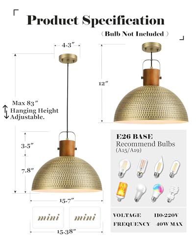 ELYONA 16 Inch Large Hammered Pendant Light Fixtures Ash Wood Vintage Dome Hanging Lamp Antique Gold Metal Kitchen Chandelier for Island, Farmhouse Dining Room Living Room Hallway Brushed Brass - color: Brass - 1 Pack