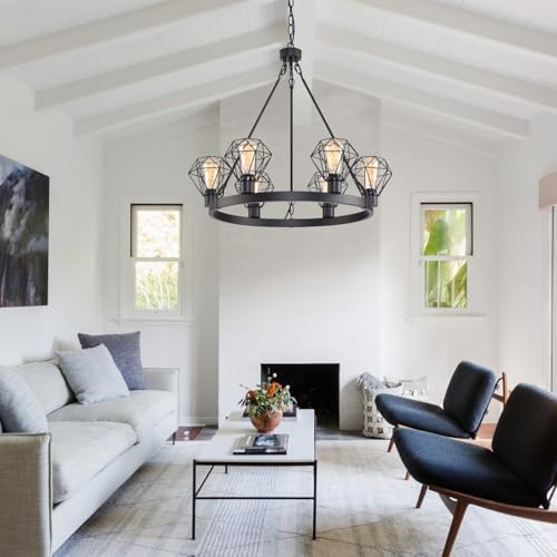 Wagon Wheel Chandelier Modern Farmhouse Pendant Light,Black Farmhouse Chandelier, 6-Light Wagon Wheel Chandelier with Adjustable Height, Dining Room Light Fixture, Hanging Lights - color: B