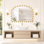36"x28" Wide Arched Wall Mirror, Antique Gold Ball Frame with Beveled Glass, Large Horizontal Mantel Piece Over Fireplace or Above Sofa, Statement Metal Frame for Living Room - size: 28"L x 36"W