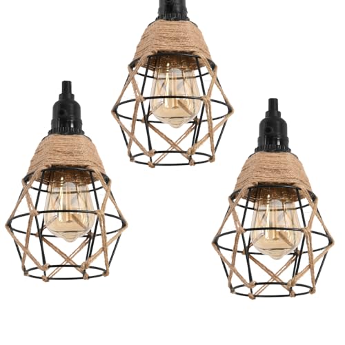 3 Light Hemp Rope Plug in Pendant Light Rattan Hanging Lights with Plug in Cord with Woven Lamp Shade, Hanging Lights with Plug in Cord Hemp Rope Hanging Lamp - color: 3 Light Pendant Lights