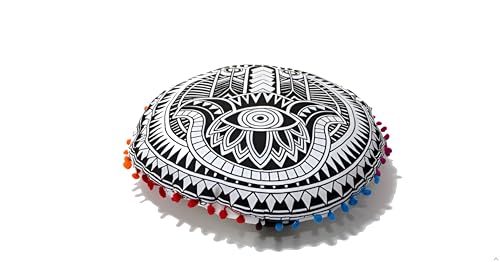 CRAFT KALA Boho Large Floor Pillow Pouf Cover Mandala Meditation Room Pillow Cover for Adults Round Bohemian Seating Pouf Cushion Cover for Kids Playroom 22" Black Hamsa - color: Black & White, size: 22" x 22" (Pack of 1)
