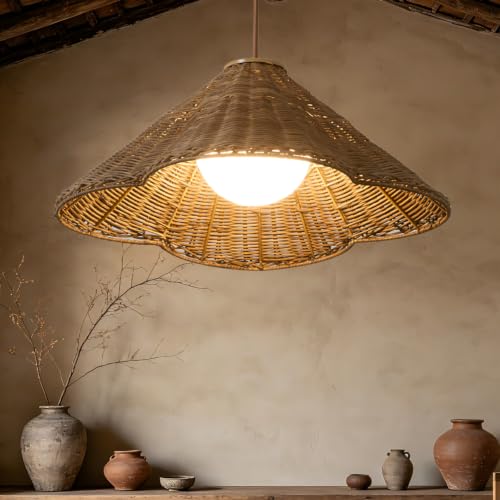 23” Rattan Chandelier Light Fixture, Boho Hand Woven Wicker Pendant Light, Vintage Rustic Hanging Lighting for Dining Room, Kitchen Island, Foyer, Natural Farmhouse Lighting Fixture - size: 23 inch