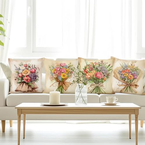 Vintage Bouquet Throw Pillow Covers, Colorful Flower Floral Decorative Pillow case, 4-Pack Double-Side Printed Pillowcases for Sofa and Living Room, 18x18 in - color: 24, size: 18" x 18" (Pack of 4)