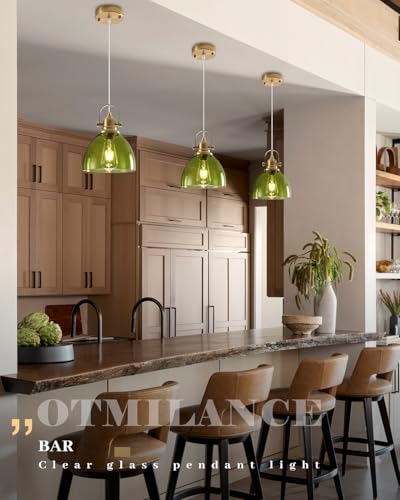Farmhouse Pendant Lights Kitchen Island, 7.5 inch Green Glass Pendant Lights, Vintage Clear Pendant Light Fixtures 2-Pack, Modern Hanging Pendant Light for Kitchen Island, Bedroom, Bathroom - color: Clear Glass-Green+Cord, size: 2-Pack
