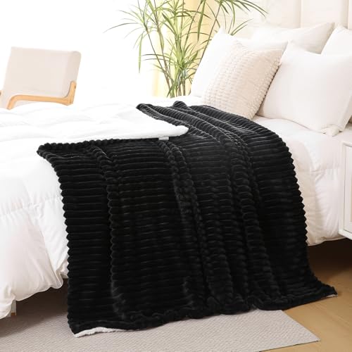 Black Sherpa Fleece Throw Blanket 60”×80” for Couch Sofa Bed,Double Side Soft Fuzzy Cozy Plush Thick Flannel Blanket with Striped Design,Gift for Adults,Woman,Girls - color: Black, size: 60×80inch
