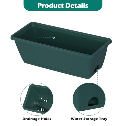 CADUKE 4 Pack Railing Planter Box 16.9 Inches Window Flower Boxes with Metal Brackets Balcony Planters Railing Hanging Fence Planter Plastic Outdoor Deck Railing Planter Boxes, Green - color: Green
