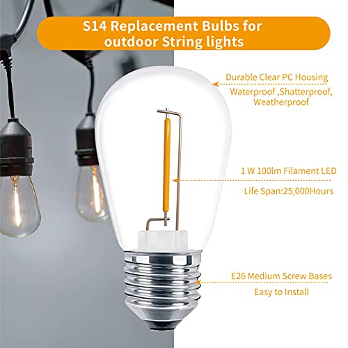 Meconard 24 Pack LED S14 Replacement Light Bulbs, Shatterproof Outdoor 1 Watt to Replace 11Watts String Incandescent Bulb, E26 Regular Medium Screw Base, 2200K Warm White, Non-Dimmable - color: Warm White, size: 24 Count (Pack of 1)