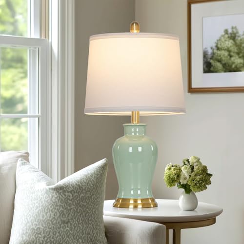 Ruzectt Green Ceramic Lamps Set of 2, 23" Modern Table Lamps for Living Room, Classic Bedside Lamp with Ginger Jar Design, Elegant Bedroom Lamp for Night Stand Desk Side End Table Home Decor - color: Green