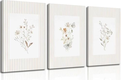 3Psc Striped Floral Canvas Wall Art Neutral Minimalist Flower Painting Picture Wall Decor Boho Vintage Wildflower Poster Print Artwork for Living Room Bathroom Home Decoration12x16 Inch - color: White retro flowers, size: 16"L x 12"W