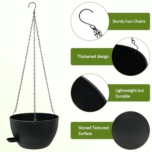 WOUSIWER Self Watering Hanging Planters, 2 Pack 10'' Plastic Pots with Drainage Holes & Reservoir Tray (Black) | Indoor & Outdoor Use for Ferns, Ivy, Herbs, Succulents - color: Black, size: 2 Pack 10 inches