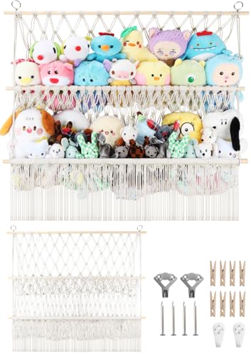 2 Tier Stuffed Animal Storage Shelf Net, 35x30'' Large Plushie Net w/ 2.4/1'' Dense Mesh for Mini Medium Stuffy Teddy, Beige Boho Macrame Toy Holder Display w/ Lights&Clips for Nursery Kid Girl Boy - color: Beige, size: Large-2 Tier-35x30 Inch