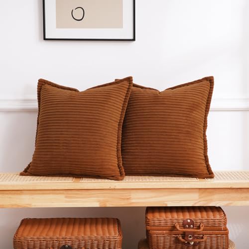 Corduroy Dark Brown Throw Pillow Covers Set of 2 Striped Boho Decorative with Edge Design,Super Soft Throw Pillow Cushion Covers for Couch Sofa Living Room Solid Square 18×18inch/45cm×45cm - color: Dark Brown, size: 18" x 18" (Pack of 2)