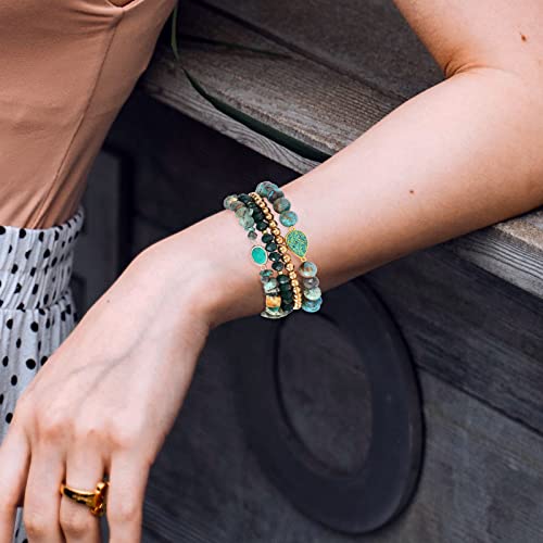 Bohemian Natural Stone Beaded Bracelets for Women Men Stackable Stretch Beads Bracelet Set with Charm and Tassel Multilayered Elastic Gemstone Bracelets Summer Beach Boho Jewelry Gift for Women - color: African Turquoise Green